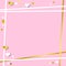 Festive romantic pink background with frame of white hearts and confetti and golden stripes