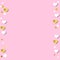 Festive romantic pink background with frame of white hearts and confetti and golden stripes