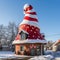 Festive Rooftop Retreat: Round Home Adorned with Giant Christmas Hat