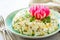 Festive Salad with Rice, Onion, Egg, Corn and Mushrooms