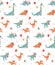 Festive seamless background with dinosaurs. Stegosaurus, Triceraptor and Brontosaurus, Tyrannosaurus Rex. Vector print