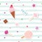 Festive seamless pattern with cute stickers on striped background. For birthday and scrapbook design.