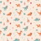 Festive seamless pattern with dinosaurs. Velocepator, triceraptor, stegosaurus, Pteranodon, and baby who just hatched