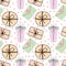 Festive seamless pattern, drawn various boxes with gifts in pastel colors. Decor for textiles, festive paper.