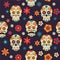 Festive seamless pattern Mexican Day of Dead with sugar skull. flowers.