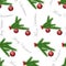 Festive seamless pattern with pine branches, christmas tree ball ornaments and gray text on white isolated background.