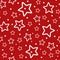 Festive seamless pattern. Repeated outlines of white stars and polka dots on red background.