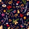 Festive seamless pattern with winter holiday attributes on dark blue background with white snow dots.