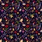 Festive seamless pattern with winter holiday attributes on dark blue background with white snow dots.