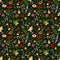 Festive seamless pattern with winter holiday attributes on dark green background with white snow dots.
