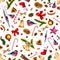 Festive seamless pattern with winter holiday attributes on white background with red dots.