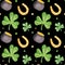 Festive seamless watercolor pattern with attributes of the feast of saint Patrick, cauldron with gold, clover, horseshoe