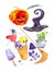 Festive set for Halloween, pumpkin, hat, feather, eye, fly agaric, broom, toadstools, ice cream with skulls, pot with potion.