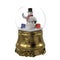 Festive snow globe with snowman and Christmas presents in a glass ball on a gold metallic base. Isolated 3D illustration