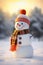 A festive snowman, adorned with a cozy hat and scarf, spreading Christmas holiday cheer in the frosty outdoor wonderland