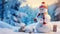 Festive snowman in a winter forest with gift boxes, creating a cheerful and charming holiday scene