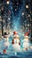 Festive snowmen come alive in a magical forest at night, dancing and celebrating in a whimsical and enchanting Christmas