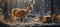 Festive snowy scene featuring snow-covered hills, a mountainous village, deer, woodland, pine trees, and reindeer