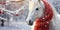 Festive Steed: White Horse Adorned with a Red Christmas Scarf. Generative ai