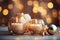 Festive still life with burning candles and Christmas decorations on bokeh background. Christmas composition for home interior