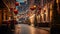 Festive street with garlands of New Year\\\'s lights and festive signs