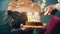 Festive sweet cake with candle which lighting on lighter, burner or fire. Close up of hands holding cake on plate
