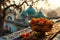 Festive sweets dry fruits for Ramadan, Islamic Muslim religious event. Mosque dome background.