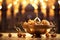 Festive sweets dry fruits for Ramadan, Islamic Muslim religious event. Mosque dome background.