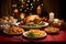 Festive table - Christmas dinner: a succulent turkey, vegetables, fries & wine glass, elegantly presented on a table, with a softl