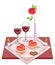 Festive table for lovers. Valentine s Day. A delicious heart-shaped cake, two glasses of wine of frost. Candles give a romantic