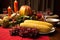 festive table setting for kwanzaa with fruit and corn