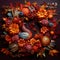 Festive Thanksgiving wreath with leaves and pumpkins on a door, generative AI