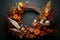 Festive Thanksgiving wreath with leaves and pumpkins on a door, generative AI