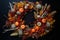 Festive Thanksgiving wreath with leaves and pumpkins on a door, generative AI