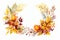 Festive Thanksgiving wreath with leaves and pumpkins, watercolor style, generative AI