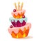 Festive three-layer cake with candles, berries and cream. Illustration, vector