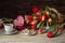 Festive tulips on wooden background