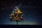 a festive, twinkling tree against a starry night sky