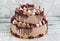 Festive two-tier cake with fruit streaks of chocolate