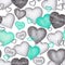 Festive Valentine`s day seamless pattern. Pencil drawing different black and white and turquoise hearts on a white background.