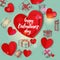Festive Valentines background with hand drawn doddle gifts and cardboard hearts.