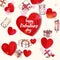 Festive Valentines background with hand drawn doddle gifts and cardboard hearts.