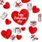 Festive Valentines background with hand drawn doddle gifts and cardboard hearts.