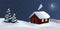 Festive vector night winter countryside background with a red cottage house, chimney smoke and christmas trees, merry christmas