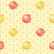 Festive vector realistic red and yellow spherical lollipops seamless pattern. Three-dimensionall colorful glossy round candies