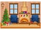 Festive vector room for New year and Christmas. Christmas tree  gifts  chair  table with treats  snow-covered window and