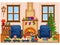 Festive vector room for New year and Christmas. Christmas tree  gifts  chairs  toy railway  table with treats and snow-covered