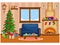 Festive vector room for New year and Christmas. Christmas tree  gifts  sofa  table with treats  snow-covered window and