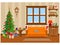 Festive vector room for New year and Christmas. Christmas tree  gifts  sofa  table with treats and snow-covered window