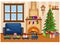 Festive vector room for New year and Christmas. Christmas tree  gifts  sofa  table with treats  snow-covered window  fireplace